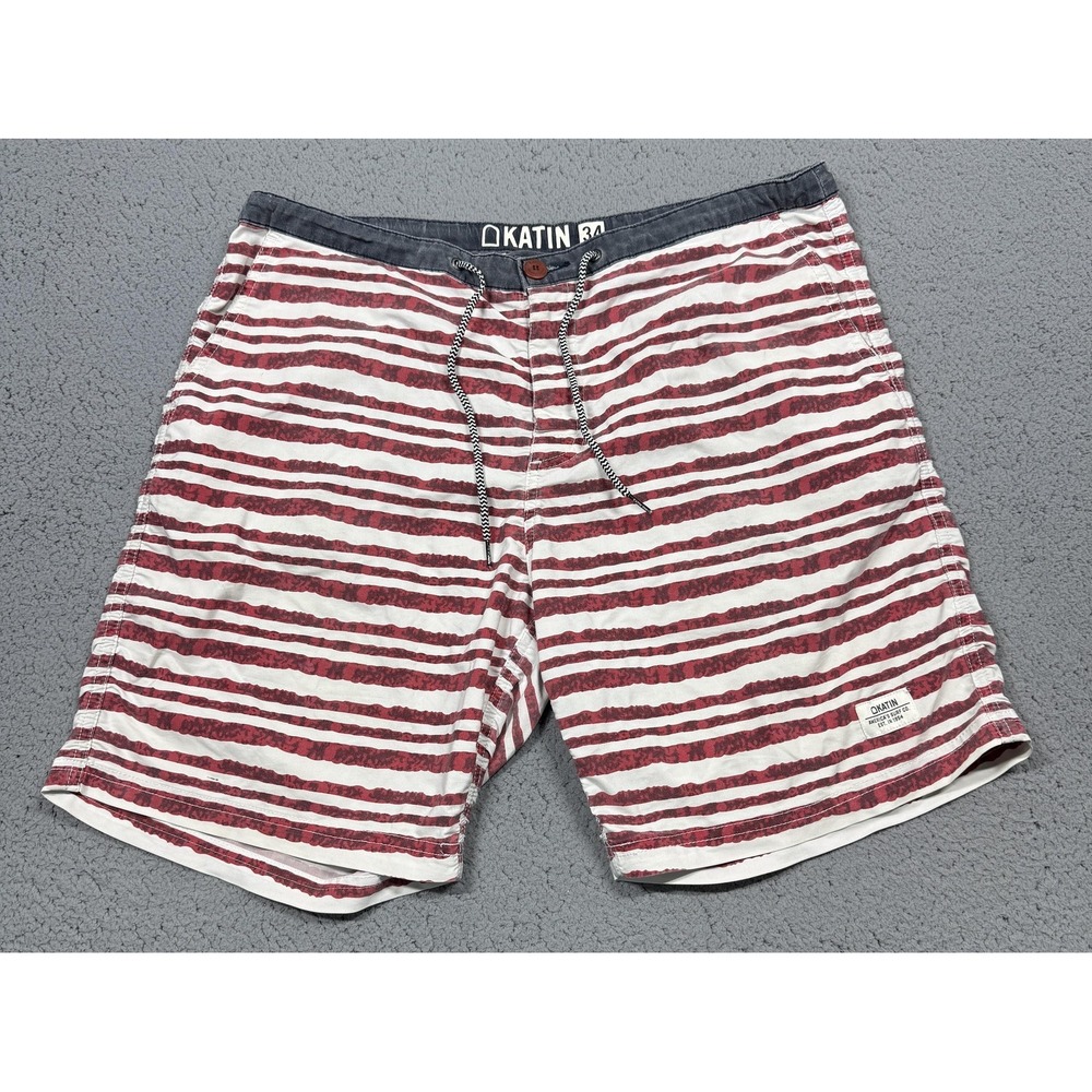 Katin Board Shorts‎ Mens 34 Red White Stripe USA Flag Pocket Swim Trunks Beach